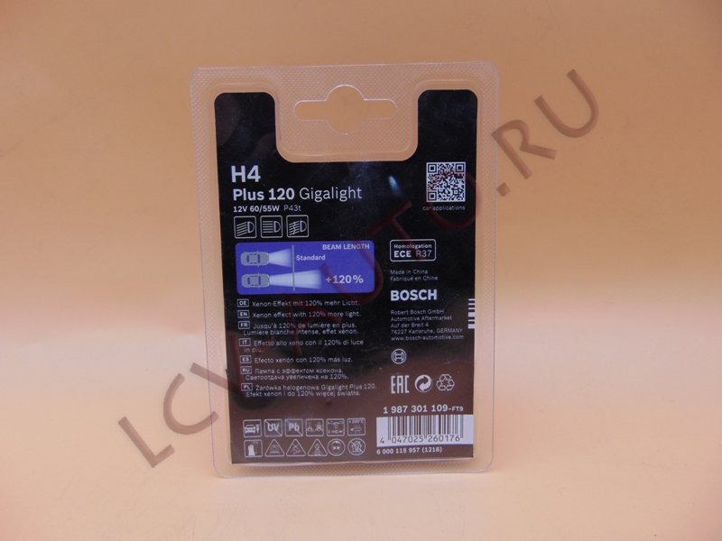 Лампа H4 12V 60/55W Giga Light Plus Блистер 1 шт - BOSCH (артикул: 1987301109)